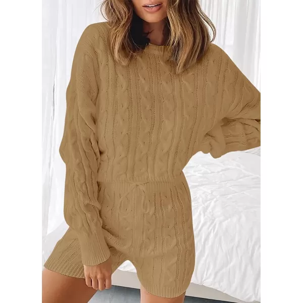 ZESICA Womens Casual 2 Piece Sweater Sets Long Sleeve Cable Knit Pullover Tops and Drawstring Shorts Sweatsuit OutfitsCamel