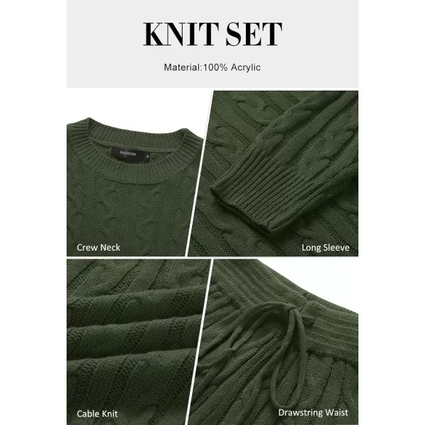 ZESICA Womens Casual 2 Piece Sweater Sets Long Sleeve Cable Knit Pullover Tops and Drawstring Shorts Sweatsuit OutfitsGreen