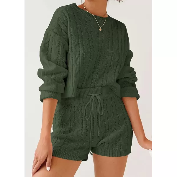 ZESICA Womens Casual 2 Piece Sweater Sets Long Sleeve Cable Knit Pullover Tops and Drawstring Shorts Sweatsuit OutfitsGreen