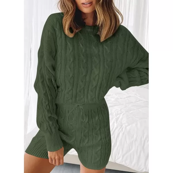 ZESICA Womens Casual 2 Piece Sweater Sets Long Sleeve Cable Knit Pullover Tops and Drawstring Shorts Sweatsuit OutfitsGreen