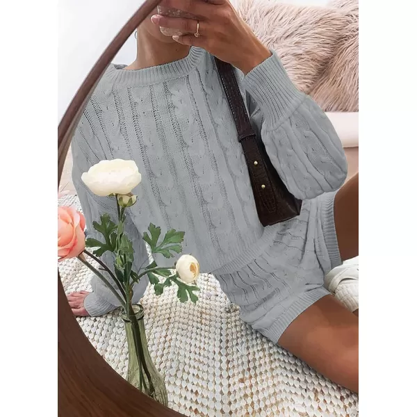 ZESICA Womens Casual 2 Piece Sweater Sets Long Sleeve Cable Knit Pullover Tops and Drawstring Shorts Sweatsuit OutfitsGrey