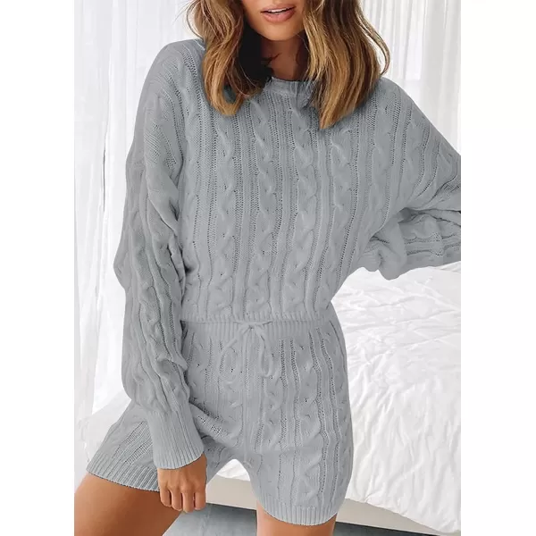 ZESICA Womens Casual 2 Piece Sweater Sets Long Sleeve Cable Knit Pullover Tops and Drawstring Shorts Sweatsuit OutfitsGrey