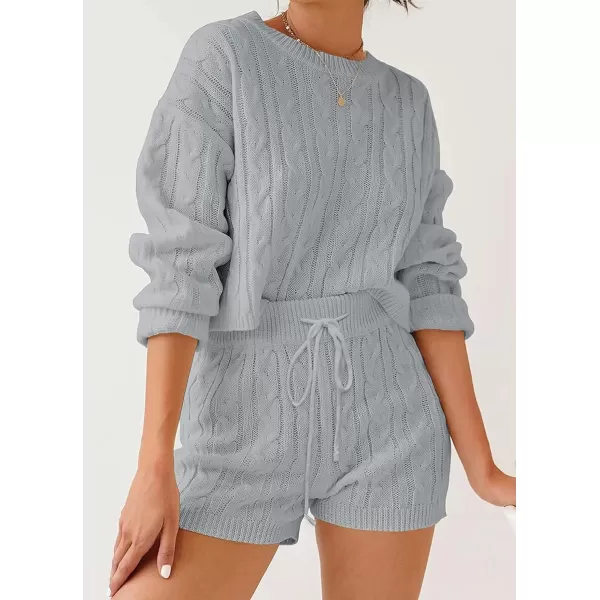 ZESICA Womens Casual 2 Piece Sweater Sets Long Sleeve Cable Knit Pullover Tops and Drawstring Shorts Sweatsuit OutfitsGrey