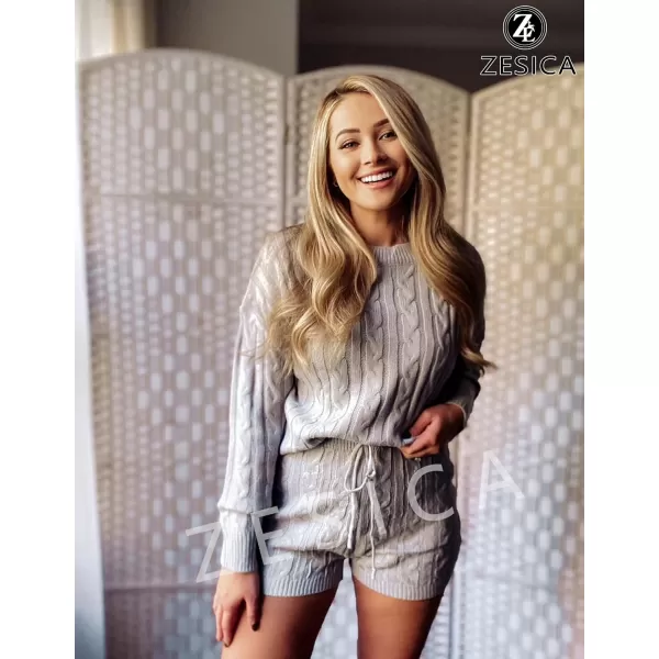 ZESICA Womens Casual 2 Piece Sweater Sets Long Sleeve Cable Knit Pullover Tops and Drawstring Shorts Sweatsuit OutfitsGrey