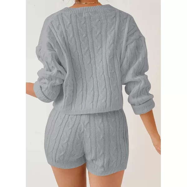 ZESICA Womens Casual 2 Piece Sweater Sets Long Sleeve Cable Knit Pullover Tops and Drawstring Shorts Sweatsuit OutfitsGrey