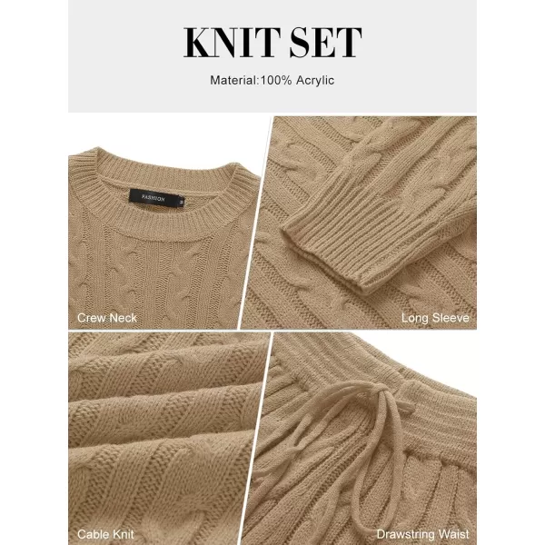 ZESICA Womens Casual 2 Piece Sweater Sets Long Sleeve Cable Knit Pullover Tops and Drawstring Shorts Sweatsuit OutfitsLightkhaki