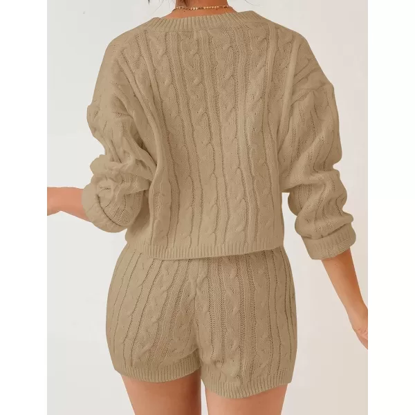 ZESICA Womens Casual 2 Piece Sweater Sets Long Sleeve Cable Knit Pullover Tops and Drawstring Shorts Sweatsuit OutfitsLightkhaki