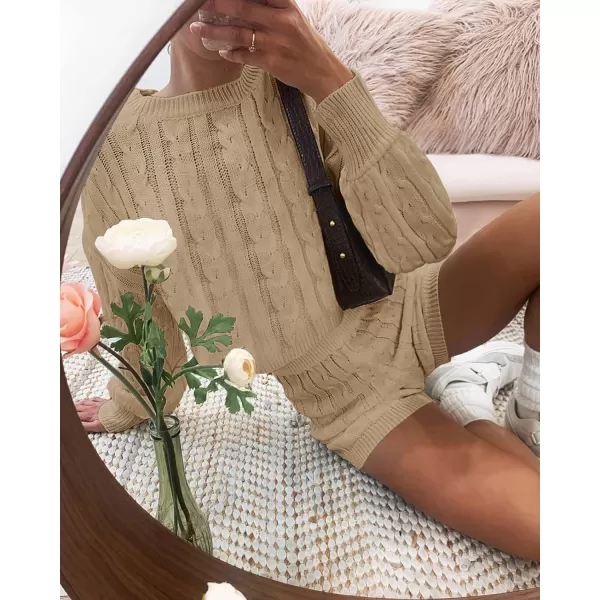 ZESICA Womens Casual 2 Piece Sweater Sets Long Sleeve Cable Knit Pullover Tops and Drawstring Shorts Sweatsuit OutfitsLightkhaki