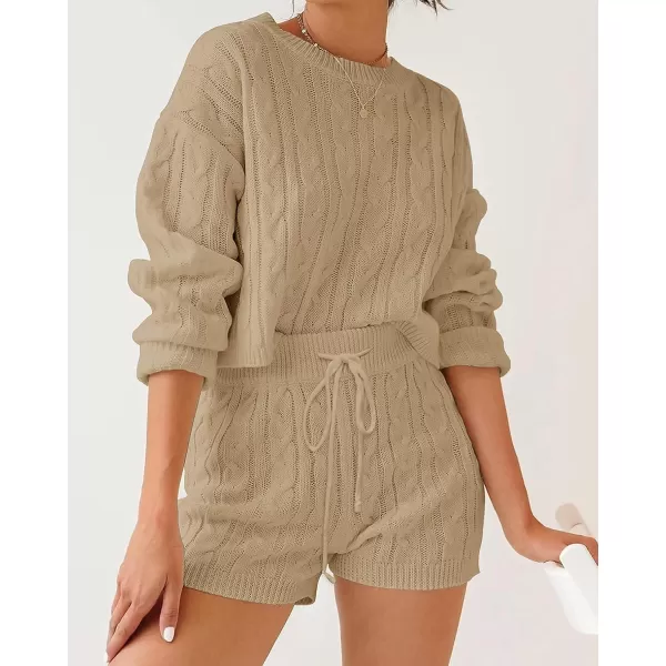 ZESICA Womens Casual 2 Piece Sweater Sets Long Sleeve Cable Knit Pullover Tops and Drawstring Shorts Sweatsuit OutfitsLightkhaki