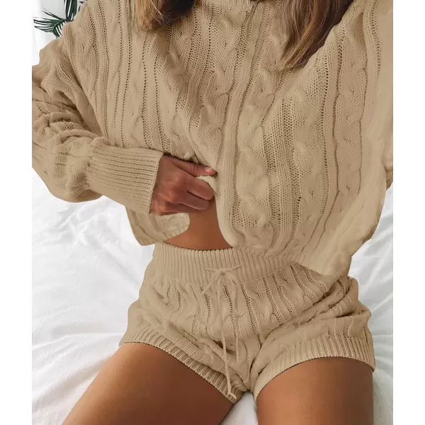 ZESICA Womens Casual 2 Piece Sweater Sets Long Sleeve Cable Knit Pullover Tops and Drawstring Shorts Sweatsuit OutfitsLightkhaki