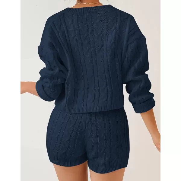 ZESICA Womens Casual 2 Piece Sweater Sets Long Sleeve Cable Knit Pullover Tops and Drawstring Shorts Sweatsuit OutfitsNavy