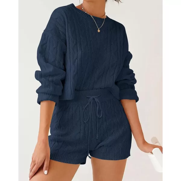 ZESICA Womens Casual 2 Piece Sweater Sets Long Sleeve Cable Knit Pullover Tops and Drawstring Shorts Sweatsuit OutfitsNavy