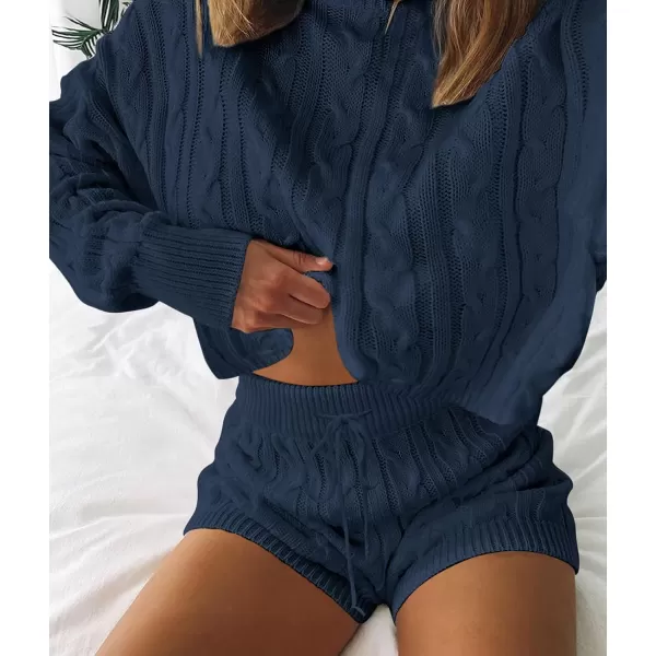 ZESICA Womens Casual 2 Piece Sweater Sets Long Sleeve Cable Knit Pullover Tops and Drawstring Shorts Sweatsuit OutfitsNavy