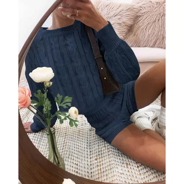 ZESICA Womens Casual 2 Piece Sweater Sets Long Sleeve Cable Knit Pullover Tops and Drawstring Shorts Sweatsuit OutfitsNavy