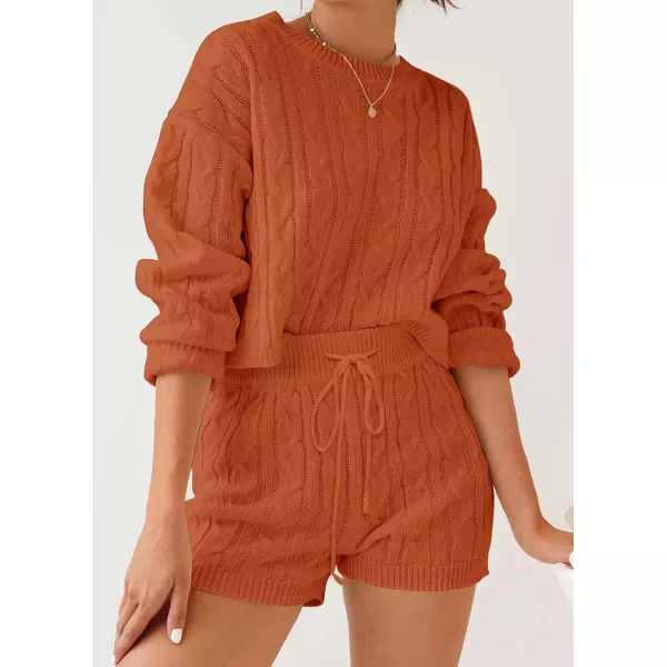 ZESICA Womens Casual 2 Piece Sweater Sets Long Sleeve Cable Knit Pullover Tops and Drawstring Shorts Sweatsuit OutfitsOrange