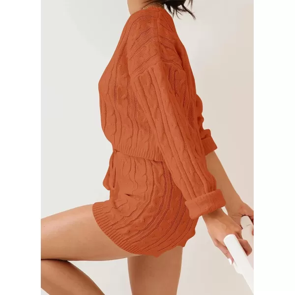 ZESICA Womens Casual 2 Piece Sweater Sets Long Sleeve Cable Knit Pullover Tops and Drawstring Shorts Sweatsuit OutfitsOrange