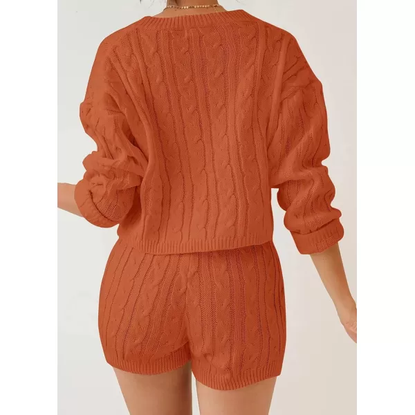 ZESICA Womens Casual 2 Piece Sweater Sets Long Sleeve Cable Knit Pullover Tops and Drawstring Shorts Sweatsuit OutfitsOrange