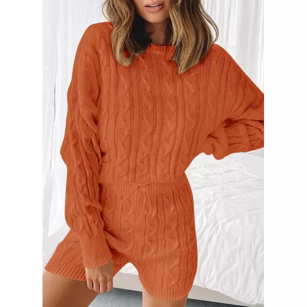 ZESICA Womens Casual 2 Piece Sweater Sets Long Sleeve Cable Knit Pullover Tops and Drawstring Shorts Sweatsuit OutfitsOrange