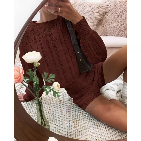 ZESICA Womens Casual 2 Piece Sweater Sets Long Sleeve Cable Knit Pullover Tops and Drawstring Shorts Sweatsuit OutfitsRedbrown