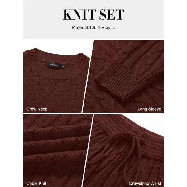ZESICA Womens Casual 2 Piece Sweater Sets Long Sleeve Cable Knit Pullover Tops and Drawstring Shorts Sweatsuit OutfitsRedbrown
