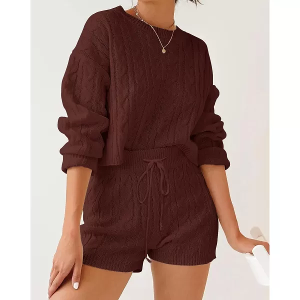 ZESICA Womens Casual 2 Piece Sweater Sets Long Sleeve Cable Knit Pullover Tops and Drawstring Shorts Sweatsuit OutfitsRedbrown