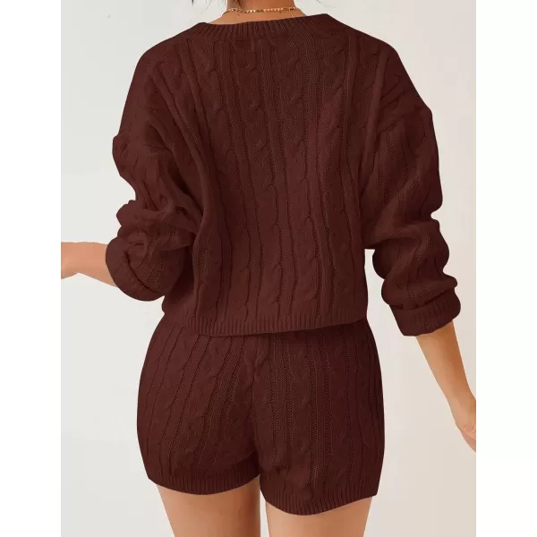 ZESICA Womens Casual 2 Piece Sweater Sets Long Sleeve Cable Knit Pullover Tops and Drawstring Shorts Sweatsuit OutfitsRedbrown