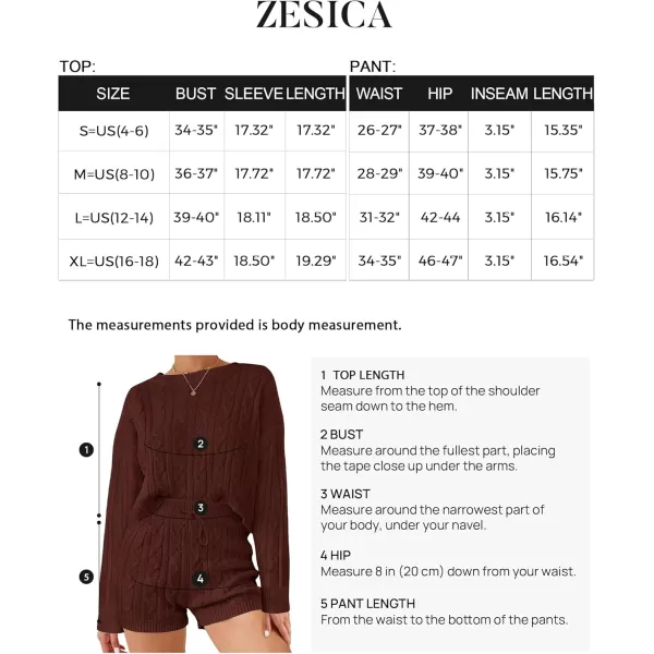 ZESICA Womens Casual 2 Piece Sweater Sets Long Sleeve Cable Knit Pullover Tops and Drawstring Shorts Sweatsuit OutfitsRedbrown