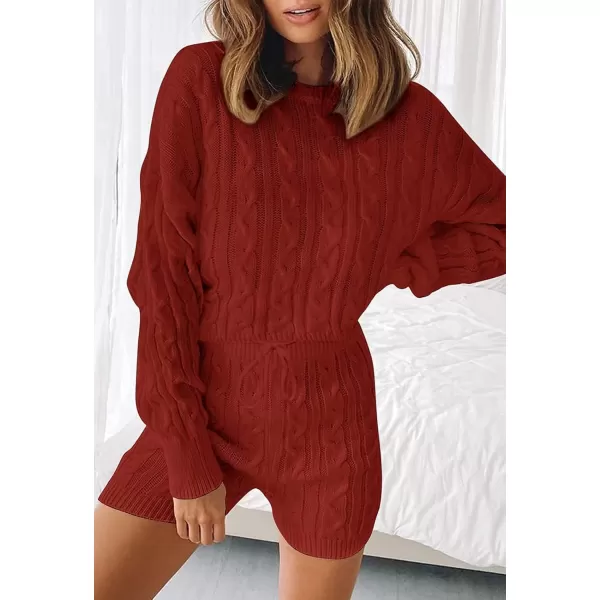 ZESICA Womens Casual 2 Piece Sweater Sets Long Sleeve Cable Knit Pullover Tops and Drawstring Shorts Sweatsuit OutfitsRust