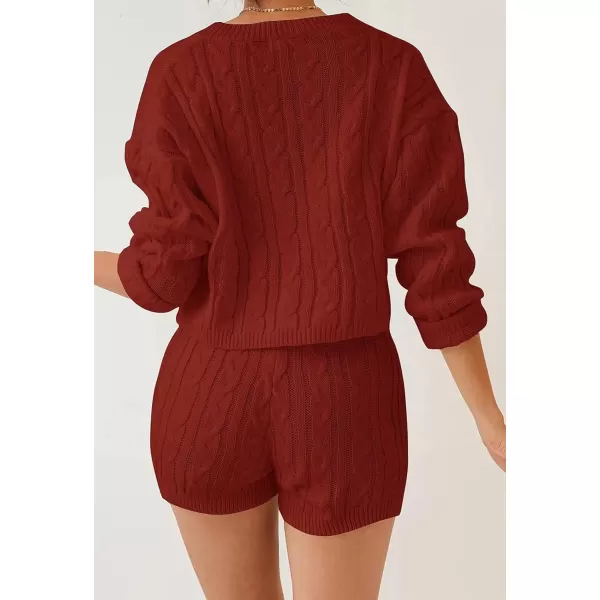 ZESICA Womens Casual 2 Piece Sweater Sets Long Sleeve Cable Knit Pullover Tops and Drawstring Shorts Sweatsuit OutfitsRust
