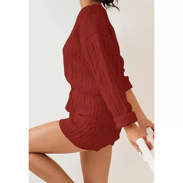 ZESICA Womens Casual 2 Piece Sweater Sets Long Sleeve Cable Knit Pullover Tops and Drawstring Shorts Sweatsuit OutfitsRust