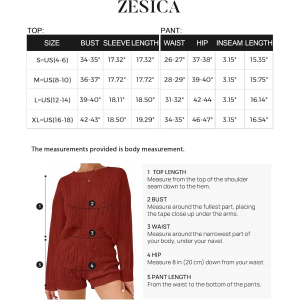 ZESICA Womens Casual 2 Piece Sweater Sets Long Sleeve Cable Knit Pullover Tops and Drawstring Shorts Sweatsuit OutfitsRust