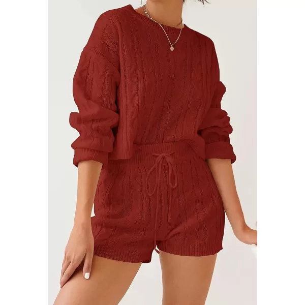 ZESICA Womens Casual 2 Piece Sweater Sets Long Sleeve Cable Knit Pullover Tops and Drawstring Shorts Sweatsuit OutfitsRust