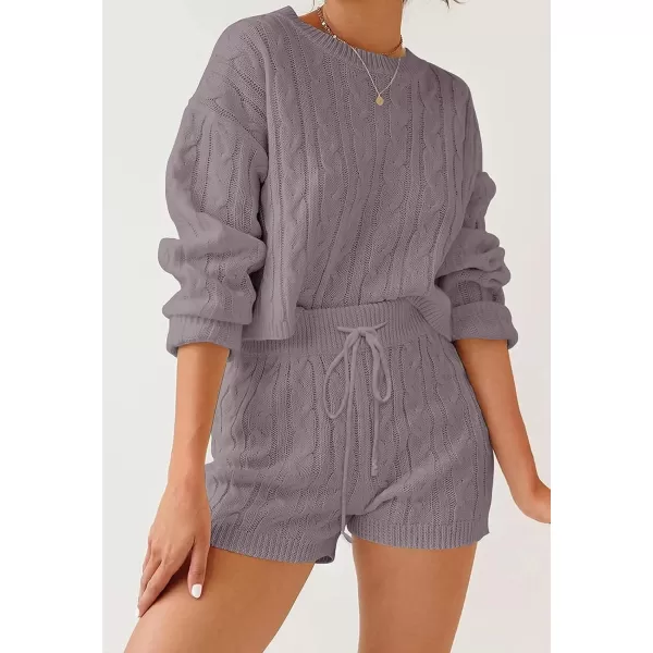ZESICA Womens Casual 2 Piece Sweater Sets Long Sleeve Cable Knit Pullover Tops and Drawstring Shorts Sweatsuit OutfitsTaro