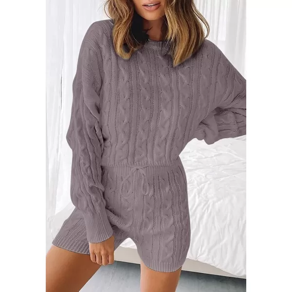ZESICA Womens Casual 2 Piece Sweater Sets Long Sleeve Cable Knit Pullover Tops and Drawstring Shorts Sweatsuit OutfitsTaro