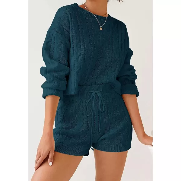 ZESICA Womens Casual 2 Piece Sweater Sets Long Sleeve Cable Knit Pullover Tops and Drawstring Shorts Sweatsuit OutfitsTeal