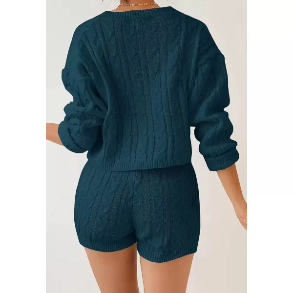 ZESICA Womens Casual 2 Piece Sweater Sets Long Sleeve Cable Knit Pullover Tops and Drawstring Shorts Sweatsuit OutfitsTeal