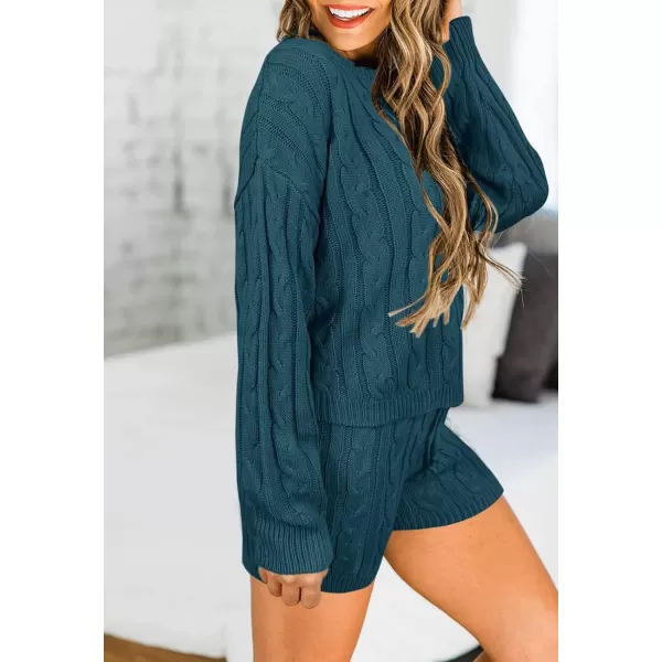 ZESICA Womens Casual 2 Piece Sweater Sets Long Sleeve Cable Knit Pullover Tops and Drawstring Shorts Sweatsuit OutfitsTeal