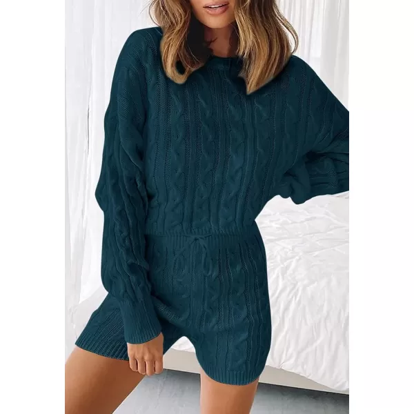 ZESICA Womens Casual 2 Piece Sweater Sets Long Sleeve Cable Knit Pullover Tops and Drawstring Shorts Sweatsuit OutfitsTeal