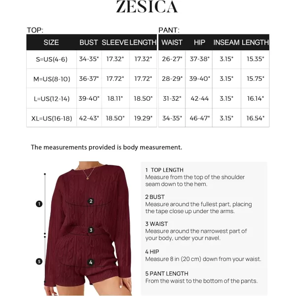 ZESICA Womens Casual 2 Piece Sweater Sets Long Sleeve Cable Knit Pullover Tops and Drawstring Shorts Sweatsuit OutfitsWine