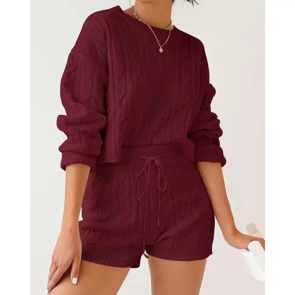 ZESICA Womens Casual 2 Piece Sweater Sets Long Sleeve Cable Knit Pullover Tops and Drawstring Shorts Sweatsuit OutfitsWine