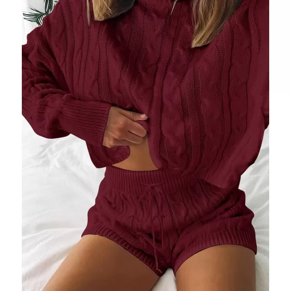 ZESICA Womens Casual 2 Piece Sweater Sets Long Sleeve Cable Knit Pullover Tops and Drawstring Shorts Sweatsuit OutfitsWine