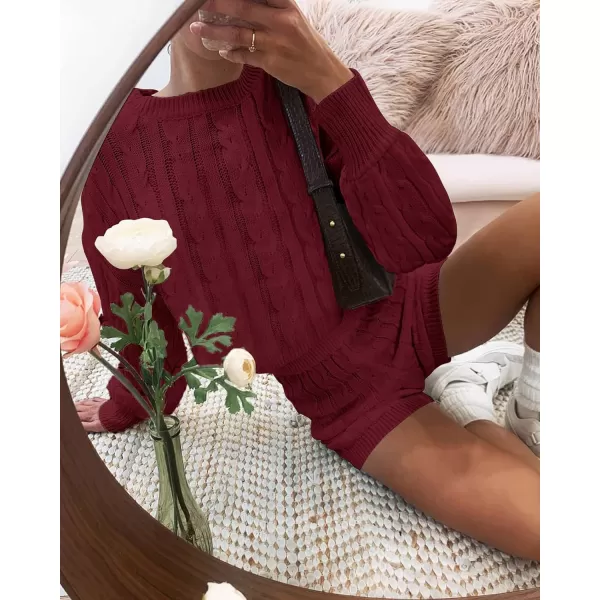 ZESICA Womens Casual 2 Piece Sweater Sets Long Sleeve Cable Knit Pullover Tops and Drawstring Shorts Sweatsuit OutfitsWine