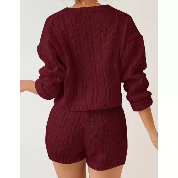 ZESICA Womens Casual 2 Piece Sweater Sets Long Sleeve Cable Knit Pullover Tops and Drawstring Shorts Sweatsuit OutfitsWine
