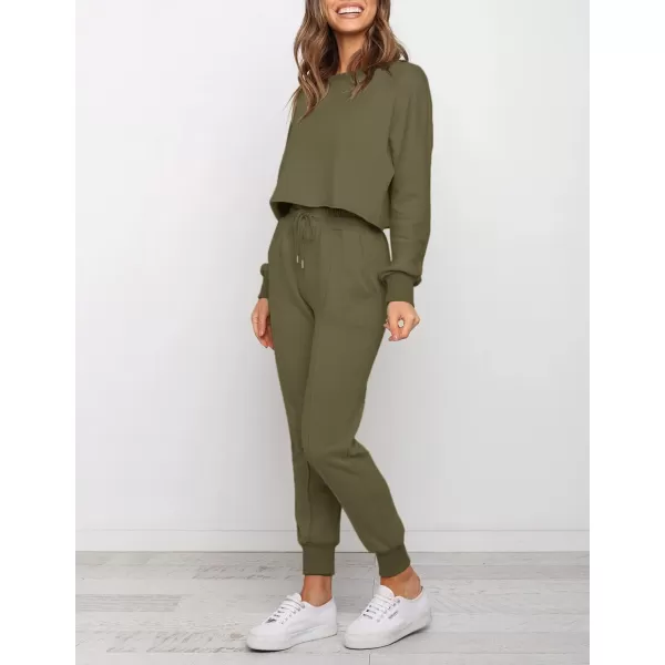 ZESICA Womens Long Sleeve Crop Top and Pants Pajama Sets 2 Piece Jogger Long Sleepwear Loungewear Pjs SetsArmygreen