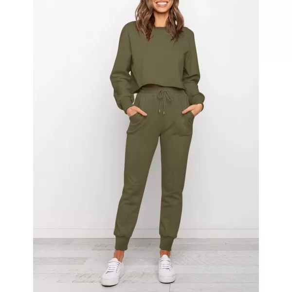 ZESICA Womens Long Sleeve Crop Top and Pants Pajama Sets 2 Piece Jogger Long Sleepwear Loungewear Pjs SetsArmygreen