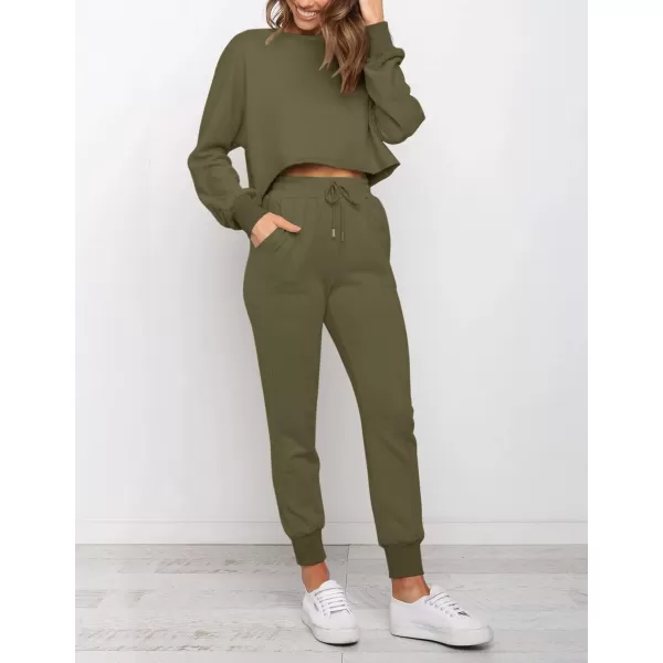 ZESICA Womens Long Sleeve Crop Top and Pants Pajama Sets 2 Piece Jogger Long Sleepwear Loungewear Pjs SetsArmygreen