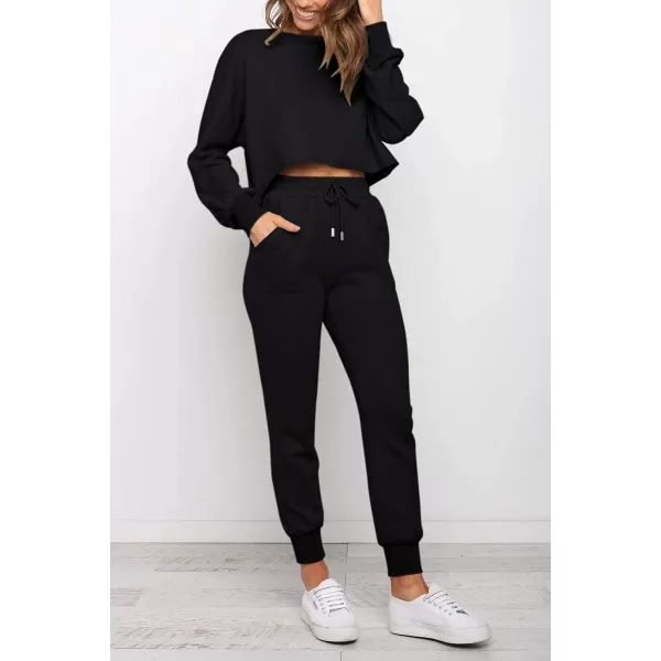 ZESICA Womens Long Sleeve Crop Top and Pants Pajama Sets 2 Piece Jogger Long Sleepwear Loungewear Pjs SetsBlack