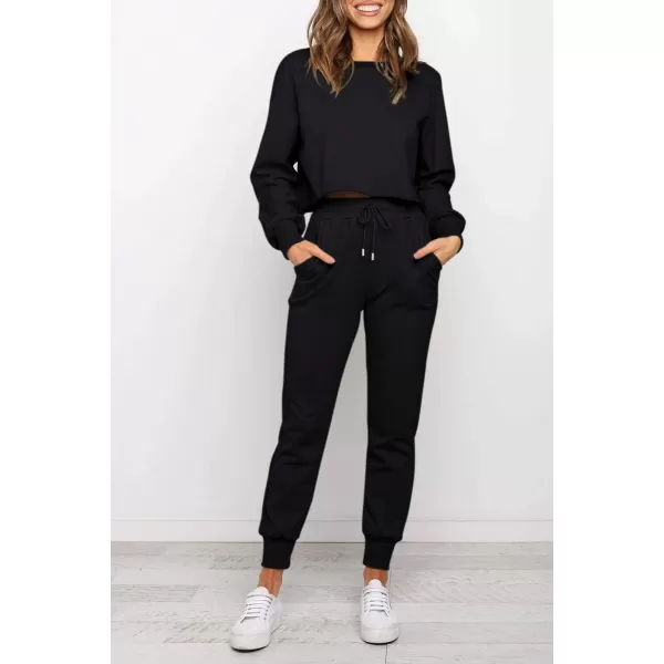 ZESICA Womens Long Sleeve Crop Top and Pants Pajama Sets 2 Piece Jogger Long Sleepwear Loungewear Pjs SetsBlack