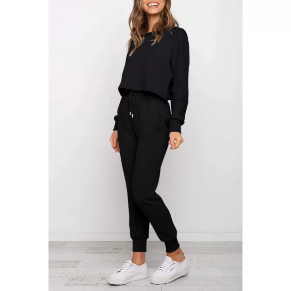 ZESICA Womens Long Sleeve Crop Top and Pants Pajama Sets 2 Piece Jogger Long Sleepwear Loungewear Pjs SetsBlack