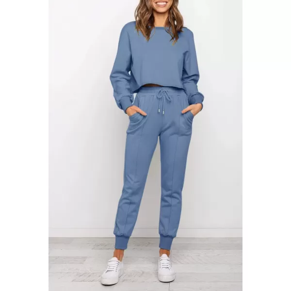 ZESICA Womens Long Sleeve Crop Top and Pants Pajama Sets 2 Piece Jogger Long Sleepwear Loungewear Pjs SetsBlue